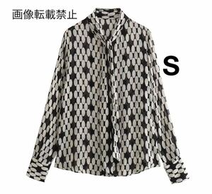 vintage ヴィンテージ レトロ 柄 ボウタイ ブラウス トップス Sサイズ レディース★ZARA 好きな方に★2024 S/S 春新作 新品未使用★