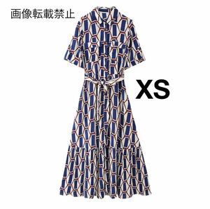 vintage ヴィンテージ レトロ 柄 ロング シャツワンピース XSサイズ レディース★ZARA 好きな方に★2024 S/S 春新作 新品未使用★