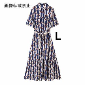 vintage ヴィンテージ レトロ 柄 ロング シャツワンピース Lサイズ レディース★ZARA 好きな方に★2024 S/S 春新作 新品未使用★