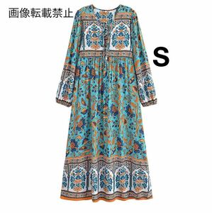 vintage ヴィンテージ レトロ 柄 花柄 エスニック ロング ワンピース Sサイズ レディース★ZARA 好きな方に★2024 S/S 春新作 新品未使用★