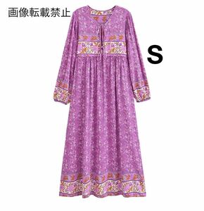 vintage ヴィンテージ レトロ 柄 花柄 エスニック ロング ワンピース Sサイズ レディース★ZARA 好きな方に★2024 S/S 春新作 新品未使用★