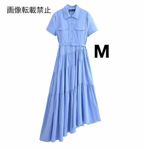 blue vintage ヴィンテージ レトロ アシメトリー ロング シャツワンピース Mサイズ レディース★ZARA 好きな方に★春新作 新品未使用★