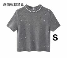 vintage ヴィンテージ レトロ パール ビジュー 半袖 ニット セーター トップス Sサイズ レディース★ZARA 好きな方に★春新作 新品未使用★_画像1