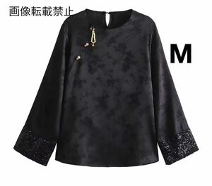 black vintage ヴィンテージ レトロ チャイナ風 ブラウス トップス Mサイズ レディース★ZARA 好きな方に★2024 S/S 春新作 新品未使用★