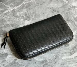 【良品】BOTTEGA.VENETA（ボッテガヴェネタ）イントレチャート/ラウンドファスナーレザー長財布/正規品BLACK