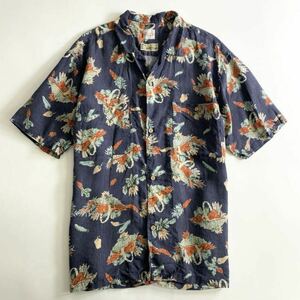 53b25 Papas パパス リネン アロハシャツ L ネイビー LINEN ALOHA SHIRT HAWAII ハワイ 半袖 オープンカラー