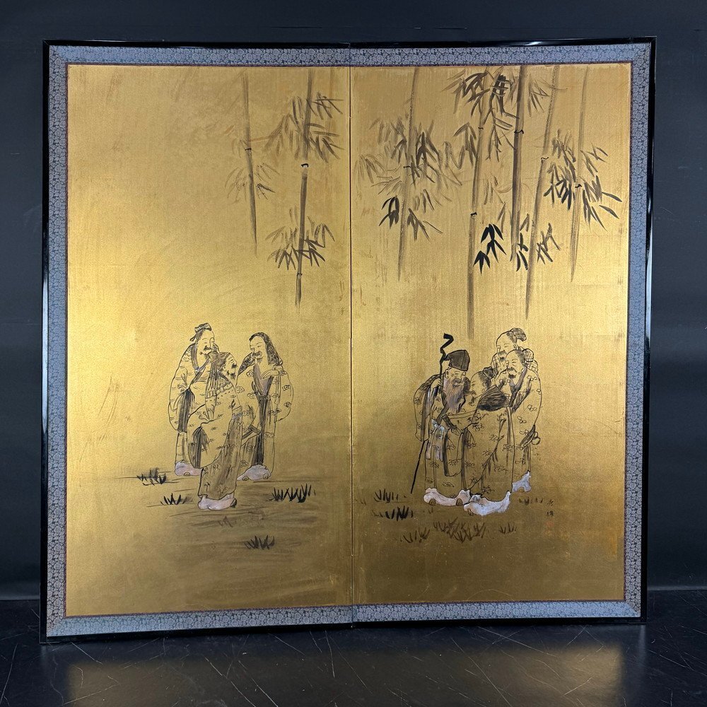[Byobu-ya] 95z3 Hideho Inscription Support doré Manuscrit Forêt de bambous Sept Sages Paravent double Hauteur env. Paravent de peinture japonaise en or, 174.5cm, peinture, Peinture japonaise, personne, Bodhisattva