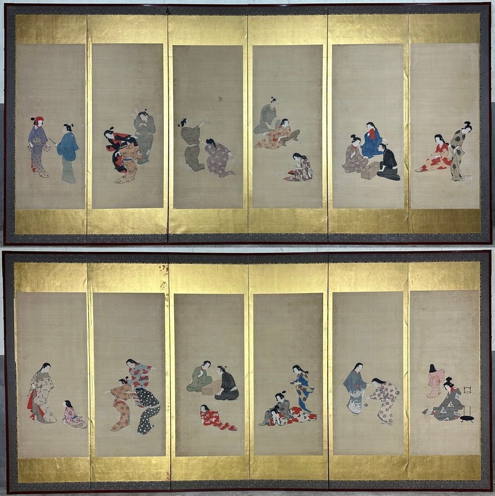 [Byobu Shop] 170h schöne Frau malt Paravent, Höhe ca. 173 cm, sechs Stücke, handschriftlich auf Seide, unsigniert, Menschen Ukiyo-e, Malerei, Japanische Malerei, Person, Bodhisattva