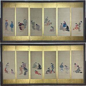 Art hand Auction 【屏風屋】170h 美人画 屏風 高さ 約173cm 六曲一双 絹本肉筆 無落款 人物 浮世絵, 絵画, 日本画, 人物, 菩薩