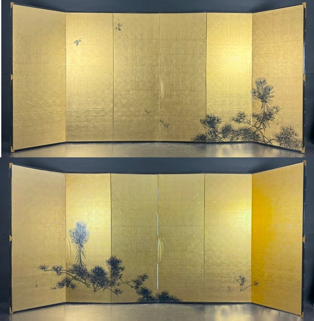 [Byobu Shop] 158z2 Hand-painted by Kanadai, Tamazumi Hasegawa, Pine and Birds, Height: Approximately 168cm, Six pairs of pieces, Paperback, Flowers and Birds, Pines, Ink Pine Trees, Japanese Painting, Gold Folding Screen, painting, Japanese painting, flowers and birds, birds and beasts