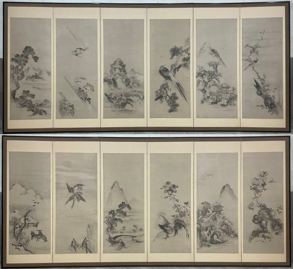 [뵤부야] 185j 조조도 병풍 높이 약 173cm 종이에 손으로 쓴 6쌍 화조도 피규어 일본화, 그림, 일본화, 꽃과 새, 조수