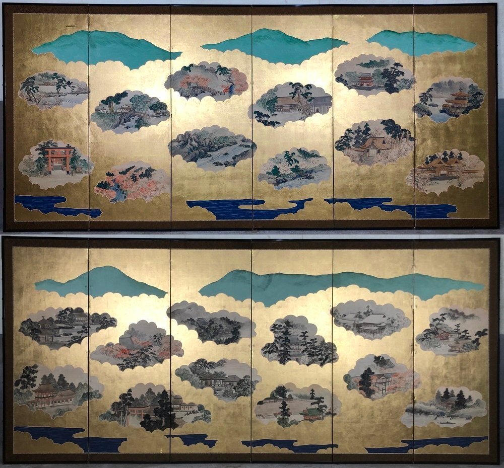 [Byobu-ya] 181j Kanadai handgeschriebene Karte der berühmten Orte Kyotos Paravent Höhe: ca. 172, 5 m Paar mit sechs gebogenen Bögen Unmarkiertes japanisches Vier-Jahreszeiten-Gemälde aus Kyoto, Malerei, Japanische Malerei, Landschaft, Fugetsu