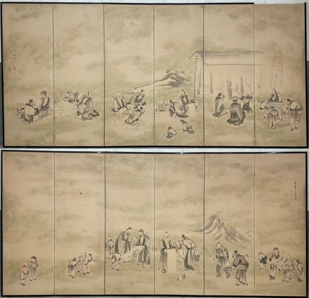 [बायोबू-या] 200सी सोगा टोकुतेरू ब्रश से एक बुद्धिमान व्यक्ति की फोल्डिंग स्क्रीन की ड्राइंग, ऊंचाई लगभग। 168.5 सेमी, 6 वक्रों का 1 जोड़ा, कागज पर हस्तलिखित, किन्साको चित्र, जापानी पेंटिंग, चित्रकारी, जापानी पेंटिंग, व्यक्ति, बोधिसत्त्व