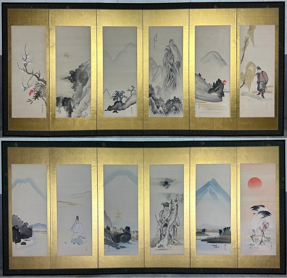 [Byobuya] 167j Gassan Ogata/Setsuho Nemoto/Nariaki Moroboshi and others Figures of people, landscapes, flowers and birds, folding screen Height approx. 166cm, 6 pieces, handwriting on silk, ink painting, Japanese painting, painting, Japanese painting, person, Bodhisattva