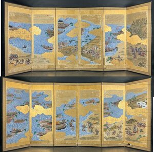 Art hand Auction 【屏風屋】110d 狩野徳信 銘 合戦図 屏風 高さ 約170cm 六曲一双 紙本肉筆 武者絵 騎馬人物 人物画 日本画, 絵画, 日本画, 人物, 菩薩