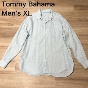 【送料無料】Tommy Bahamaリネン100%長袖シャツ水色　メンズXLサイズ　トミーバハマアロハシャツブランド麻