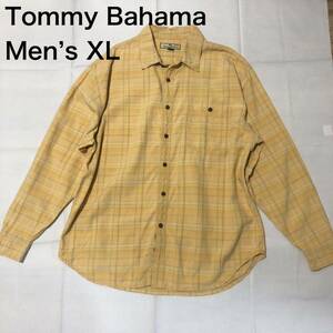 【送料無料】Tommy Bahamaシルク100%長袖シャツ 黄色チェック柄　メンズXLサイズ　トミーバハマアロハシャツブランド絹