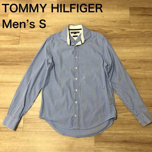 【送料無料】やや汚れありTOMMY HILFIGER長袖シャツ青白ストライプ柄　メンズSサイズ　トミーヒルフィガー