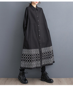  hem. embroidery . exceedingly stylish long height dress * new goods * large size * feather weave .OK standard black. shirt dress 