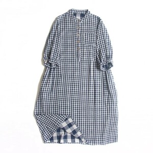  navy blue color silver chewing gum check gauze . material . lovely * lining check . lovely * new goods * large size * long height dress spring natural series 