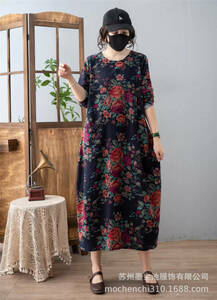  cotton cotton flax long height . floral print dress * new goods * large size * exceedingly stylish skirt .... dress navy blue color ground 