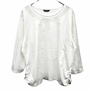 アクアスキュータム Aquascutum Tシャツ ビーズ＆レースネック 裾ギャザー 7分袖 無地 綿100% ヘザーオフホワイト 杢白系 レディース