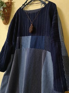 送料無料！手作り♪新生地日本藍染木綿いろいろ藍染パッチワーク、ワンピース、L～XL、刺し子、たっぷり.ふっくら楽で素敵に♪