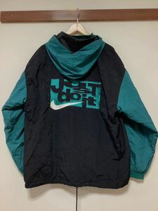 く1329 NIKE ナイキ 90's 銀タグ 刺繍タグ ビンテージ ウインドブレーカー パーカー L ブラック/グリーン ストリート ロゴ刺繍