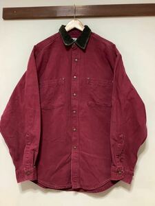 さ1328 USA製 L.L.Bean エルエルビーン 80's 90's ビンテージ ダック地 長袖シャツ M レギュラー ワイン系 ワークシャツ 襟コーデュロイ