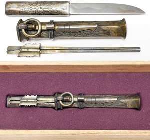 . old fine art brass ground . silver . writing small . engraving ..mongoru sword ho tuck . old sword .. included on . box China old race portable meal .. sword short sword small pattern . chopsticks 