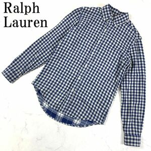 LA489 ラルフローレン チェック柄ボタンシャツ 青ブルー 長袖 Ralph Lauren 綿コットン100％ XS