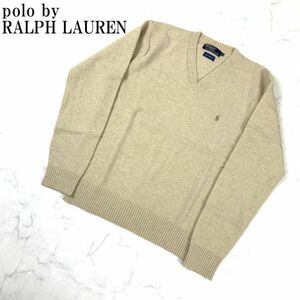 LA610 ポロバイラルフローレン 長袖ニット セーター ウール ベージュ polo by RALPH LAUREN Vネック ワンポイント刺 M