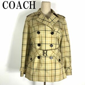 LA658 コーチ チェック柄トレンチコート ベージュ ウエストベルト付き COACH 裏地あり ハーフコート M