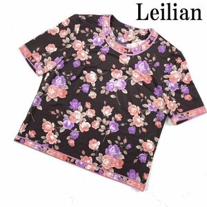 LA824 レリアン 花柄ストレッチプルオーバー 茶ブラウン 半袖 Leilian ブラウス マルチカラー 紫パープル ピンク 総柄 9