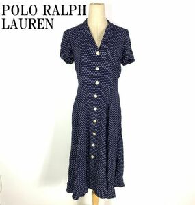 LA905 ポロラルフローレン 水玉ドット柄シャツワンピース 紺ネイビー POLO RALPH LAUREN ロングワンピース 半袖 フレア 裏地あり 4