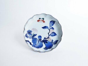 古伊万里　色絵　茄子に花の図　輪花　小皿 NO.B2-HH1516