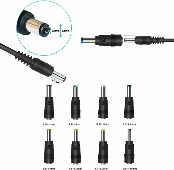 USB 電源ケーブル 変換プラグ付き usb 充電ケーブル 5.5x2.1mm 1m ビデオカメラ PSP 扇風機 モバイルバッテリーなど用 (1本+8変換プラグ) 