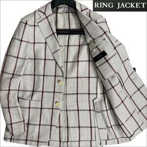 J6138 新品 リングヂャケット ウインドーペーン柄 リネン テーラードジャケット ベージュ 44 リングジャケット RING JACKET