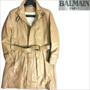 J7407 美品 バルマン ラムレザー トレンチコート ベージュ系 BALMAIN