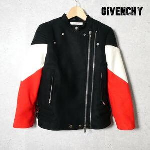 美品 GIVENCHY ジバンシィ サイズ38 黒 ブラック ライダースジャケット ブルゾン 裏地キルティング メルトン バンドカラー ダブルジップ