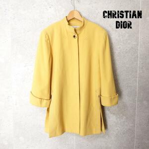 美品 Christian Dior クリスチャンディオール サイズL イエロー ミドル ロング 七分袖 コート ウール×カシミヤ スタンドカラー 金ボタン
