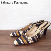 良品 Salvatore Ferragamo サルヴァトーレフェラガモ サイズ7C マルチカラー スリングバック ヒール パンプス スカーフ柄 総柄 サテン_画像1