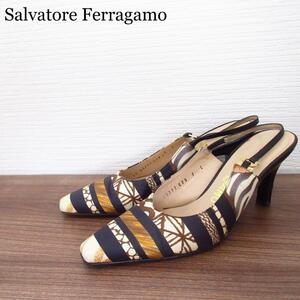 良品 Salvatore Ferragamo サルヴァトーレフェラガモ サイズ7C マルチカラー スリングバック ヒール パンプス スカーフ柄 総柄 サテン 