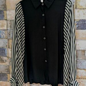 黒 ストライプ シアー ブラウス シャツ 透け感 バルーン袖 韓国ファッション