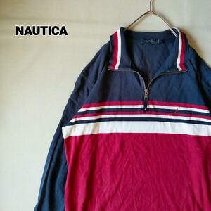 古着　NAUTICA　ノーティカ ポロシャツ 長袖 ボーダー ハーフジップ ワンポイント刺繍　メンズ　大きいサイズ　