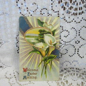 イースター ドイツ製 アンティーク 絵葉書 ポストカード エンボス 光沢 カラー 山 湖 白鳥 金彩 アメリカ切手1919年の画像1