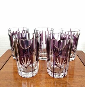 紫被せガラス　タンブラー　5客揃い　切子グラス　