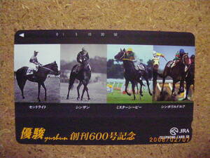 I1008・110-151549　優駿　セントライト　シンザン　ミスターシービー　シンボリルドルフ　JRA　競馬　未使用　50度数　テレカ