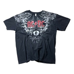 ハードロック! 00s AC/DC エーシーディーシー BLACK ICE 悪魔の氷 ロゴ プリント 半袖 バンド Tシャツ ブラック 黒 L メンズ 古着 希少