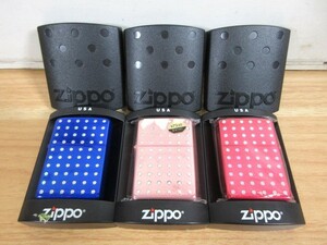 2E1-3「未使用 ZIPPO 3点セット」ライター ジッポ 動作未確認 USA 赤・青・ピンク 未着火 ケース入り